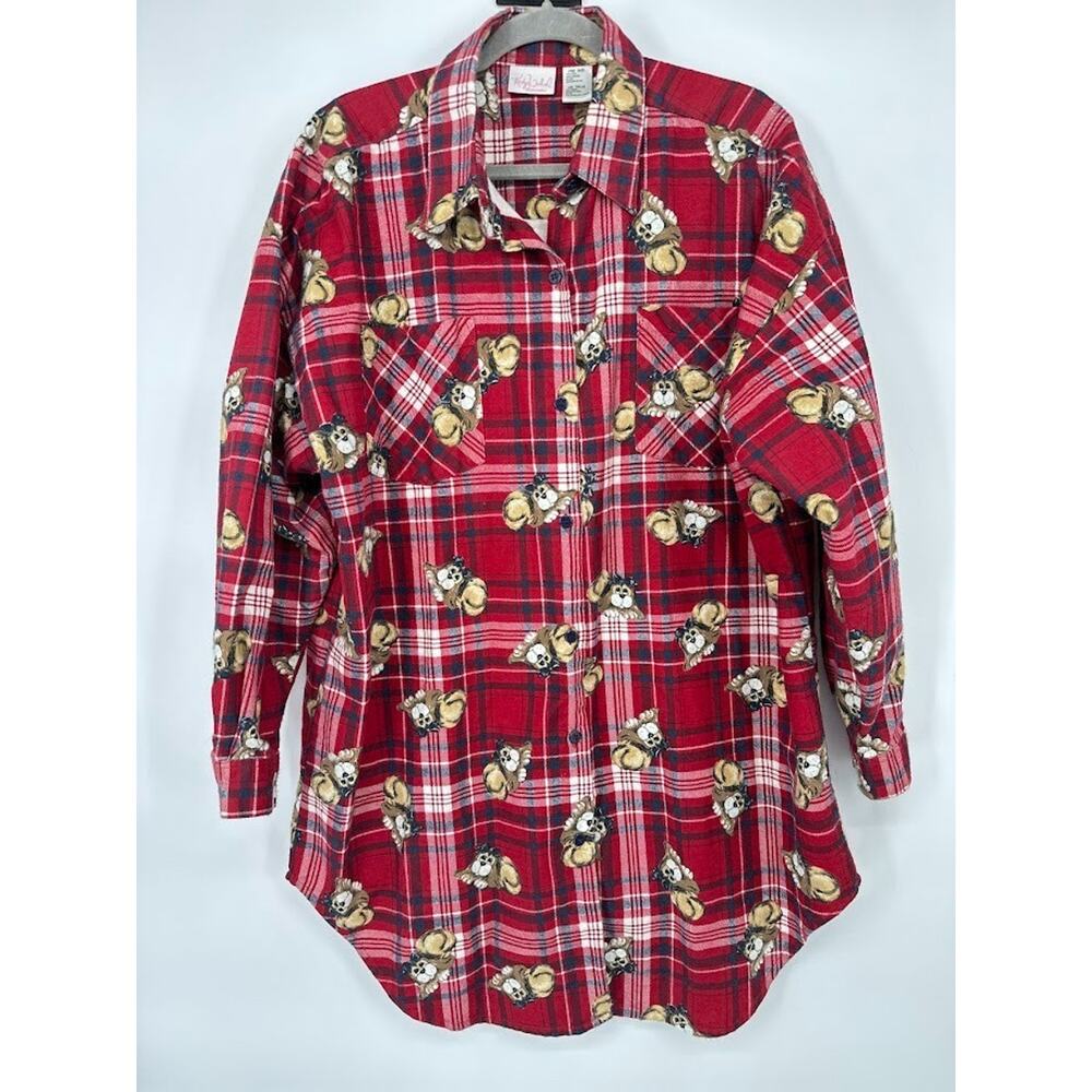 Kathy Ireland‎ Intimates Red Plaid Dog Print Nightgown Sleep Shirt Flannel OS